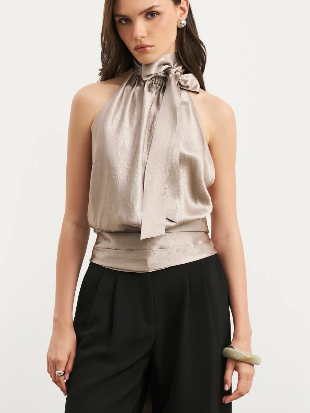 Because of Alice Crushed Satin Backless Halter in Pebble